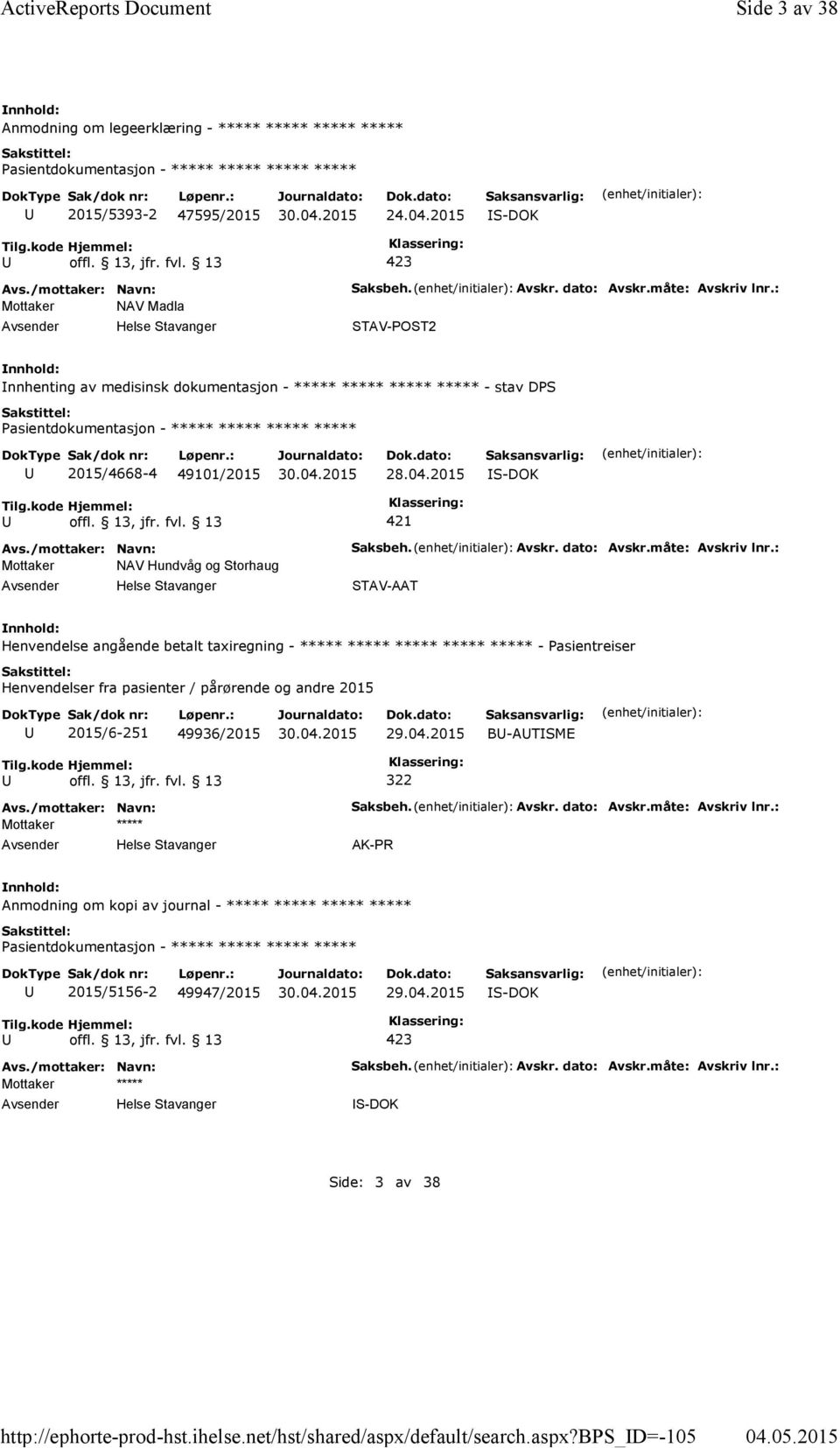 2015 421 Mottaker NAV Hundvåg og Storhaug Saksbeh. Avskr. dato: Avskr.måte: Avskriv lnr.