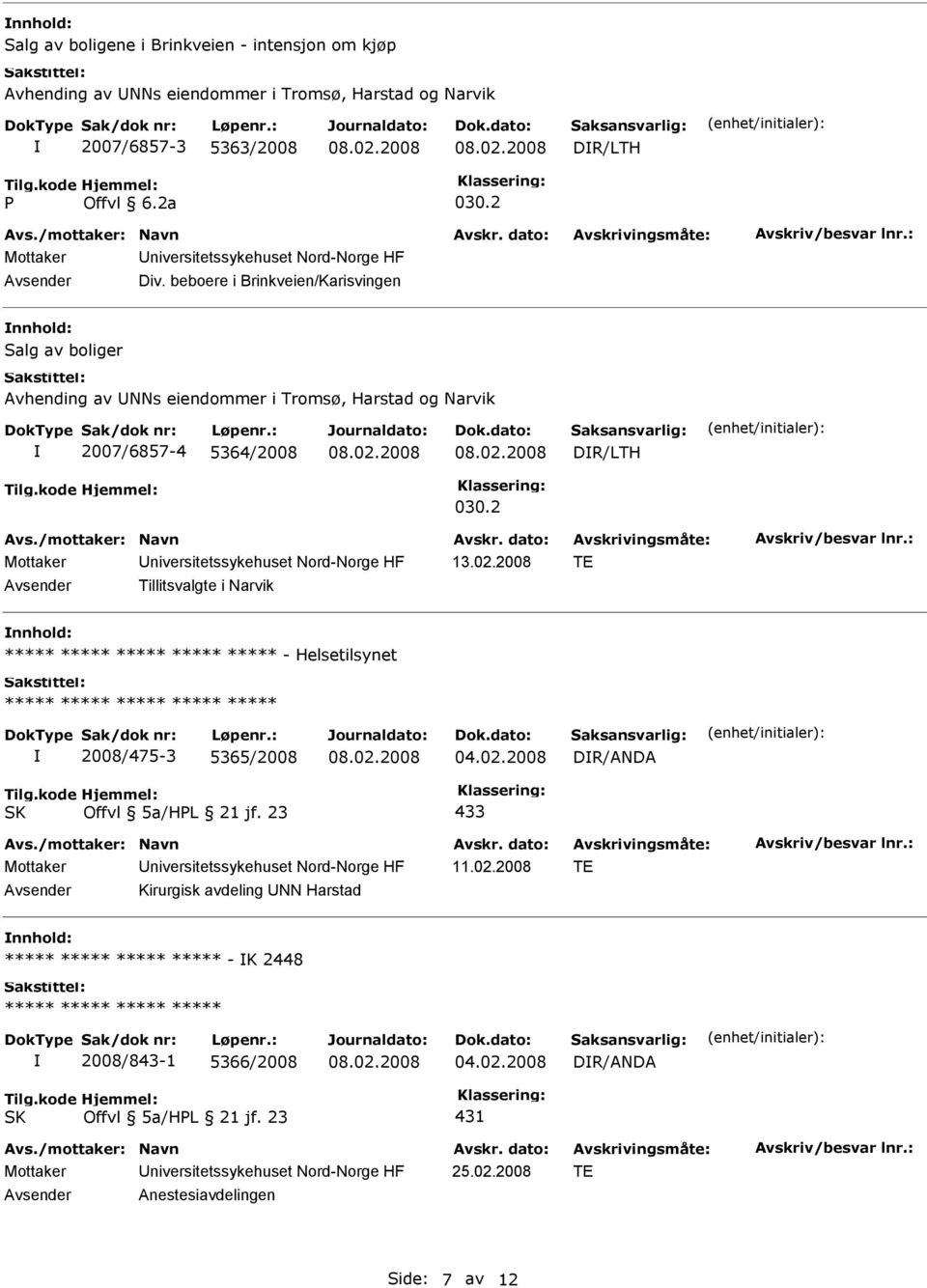 beboere i Brinkveien/Karisvingen nnhold: Salg av boliger Avhending av NNs eiendommer i Tromsø, Harstad og Narvik 2007/6857-4 5364/2008 DR/LTH 030.