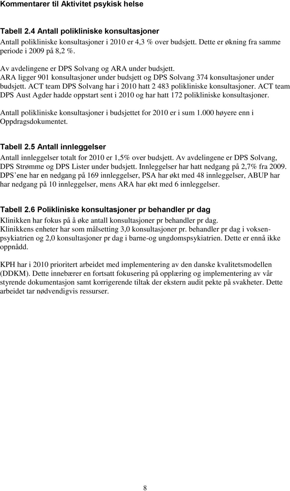 ACT team DPS Aust Agder hadde oppstart sent i 2010 og har hatt 172 polikliniske konsultasjoner. Antall polikliniske konsultasjoner i et for 2010 er i sum 1.000 høyere enn i Oppdragsdokumentet.