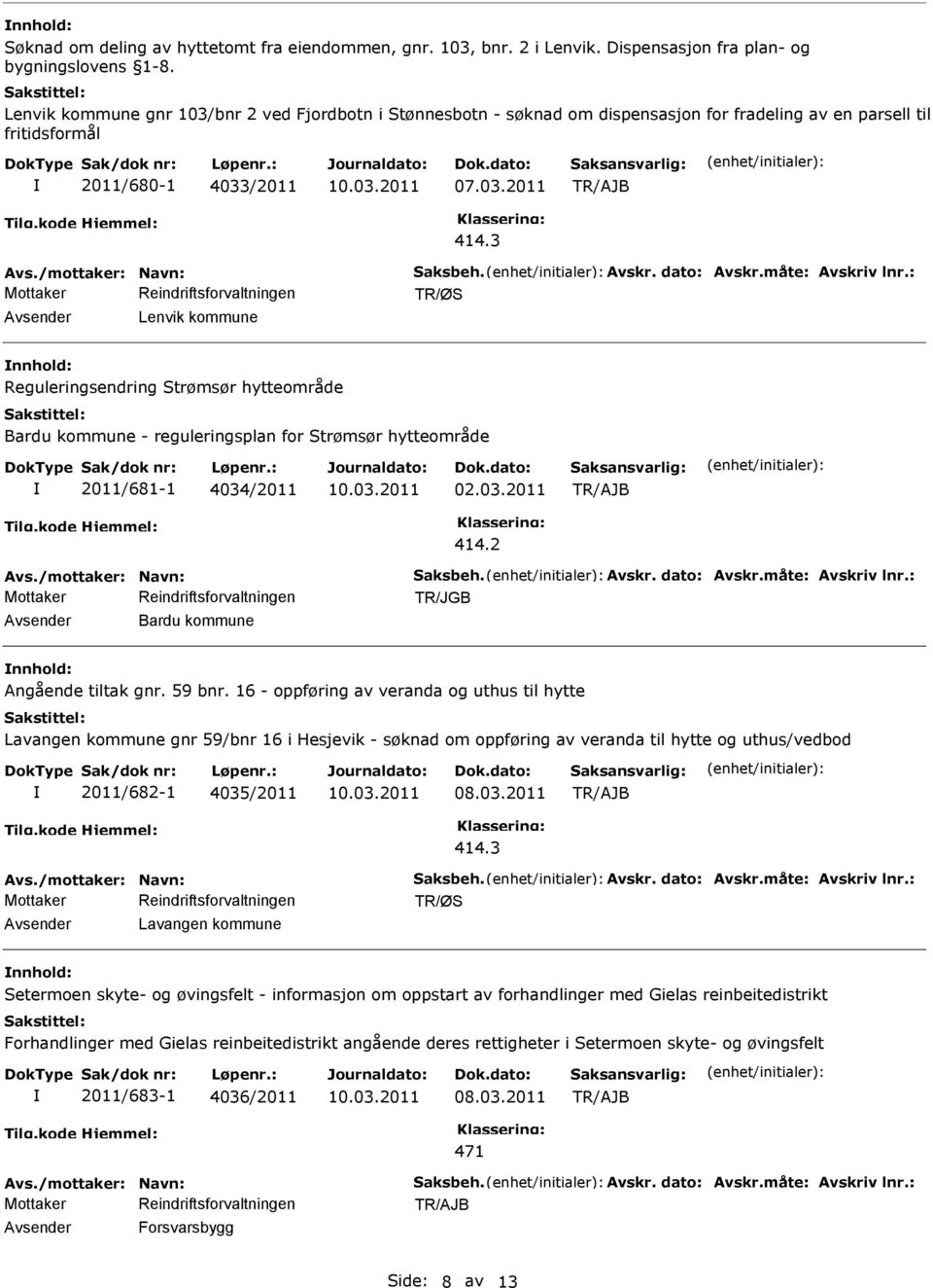 dato: Avskr.måte: Avskriv lnr.: Lenvik kommune Reguleringsendring Strømsør hytteområde Bardu kommune - reguleringsplan for Strømsør hytteområde 2011/681-1 4034/2011 02.03.2011 414.2 Avs.