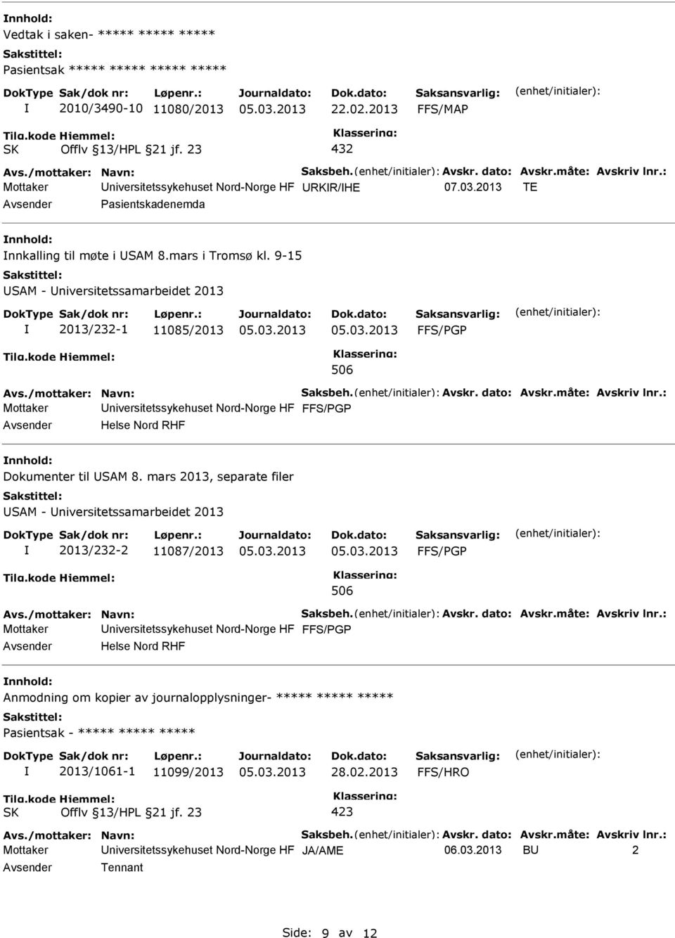 9-15 SAM - niversitetssamarbeidet 2013 2013/232-1 11085/2013 FFS/PGP 506 Avs./mottaker: Navn: Saksbeh. Avskr. dato: Avskr.måte: Avskriv lnr.