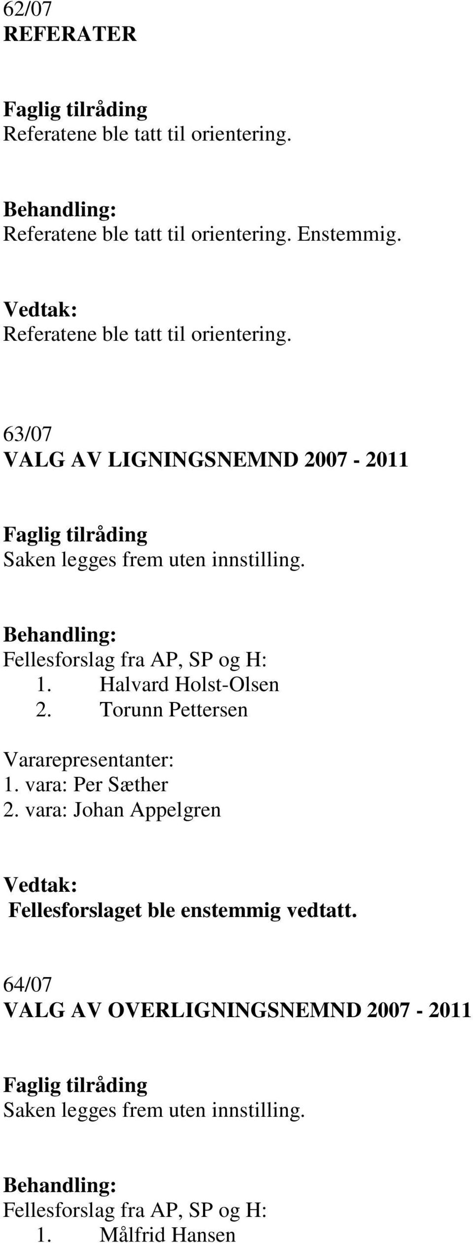 Referatene ble tatt til orientering. 63/07 VALG AV LIGNINGSNEMND 2007-2011 1.