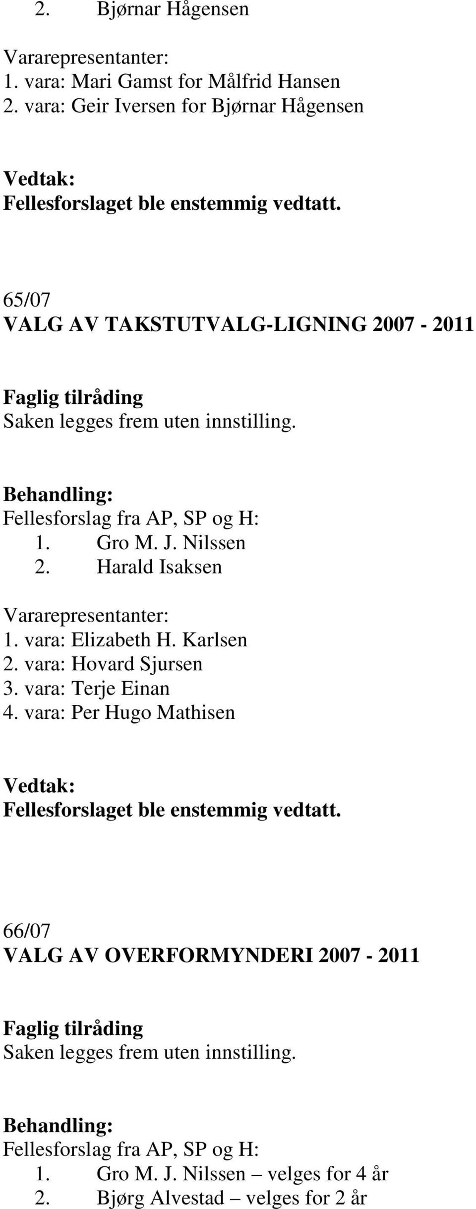 Nilssen 2. Harald Isaksen 1. vara: Elizabeth H. Karlsen 2. vara: Hovard Sjursen 3.