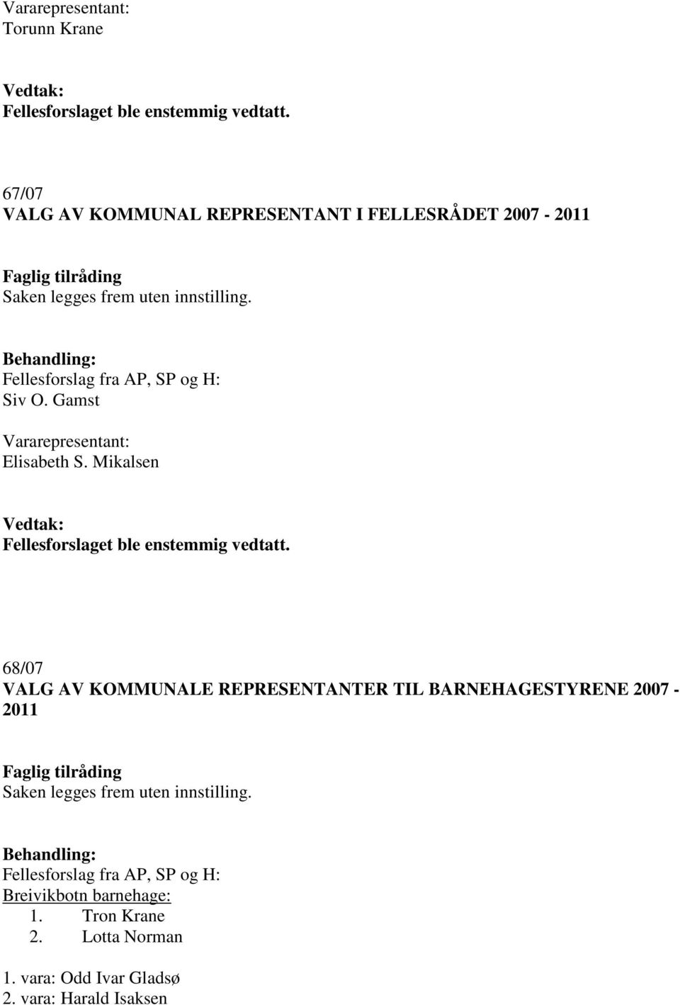 Mikalsen 68/07 VALG AV KOMMUNALE REPRESENTANTER TIL BARNEHAGESTYRENE 2007-2011