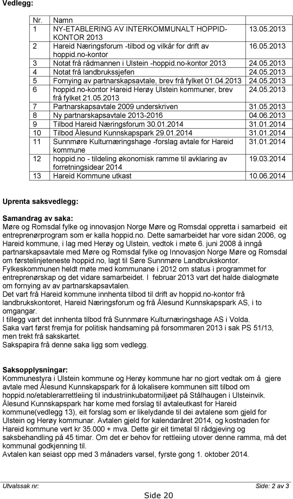 no-kontor Hareid Herøy Ulstein kommuner, brev 24.05.2013 frå fylket 21.05.2013 7 Partnarskapsavtale 2009 underskriven 31.05.2013 8 Ny partnarskapsavtale 2013-2016 04.06.