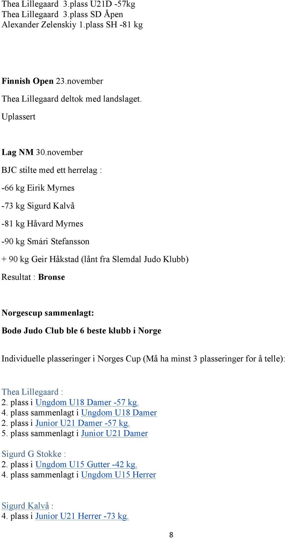 Norgescup sammenlagt: Bodø Judo Club ble 6 beste klubb i Norge Individuelle plasseringer i Norges Cup (Må ha minst 3 plasseringer for å telle): Thea Lillegaard : 2. plass i Ungdom U18 Damer -57 kg. 4.