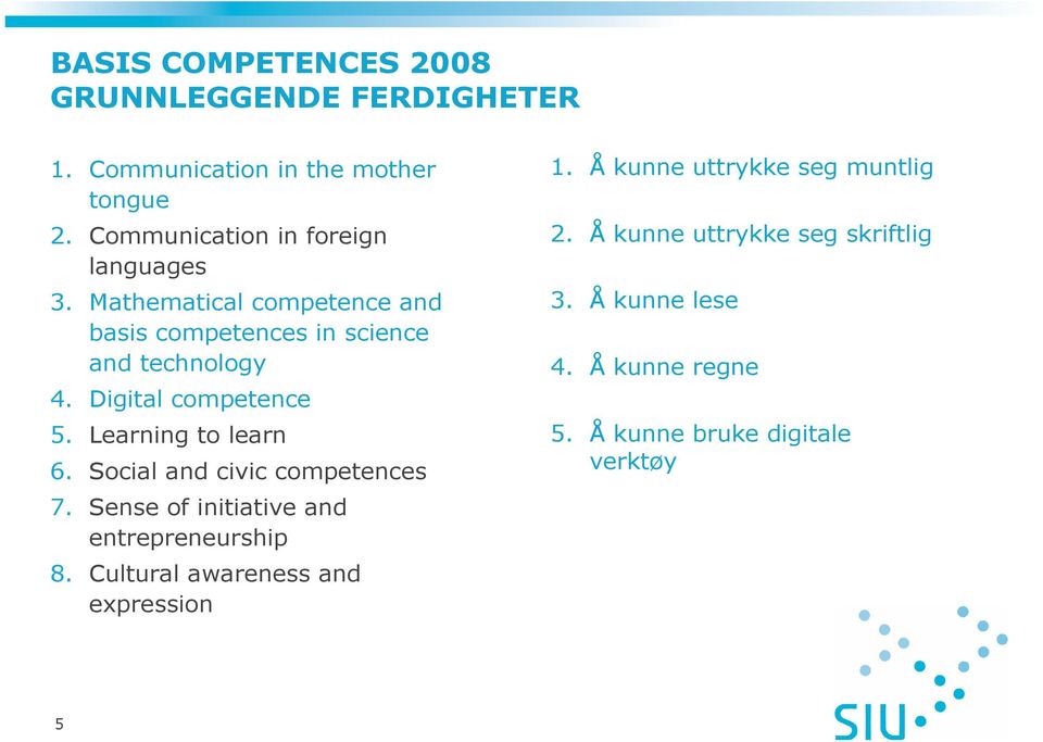 Digital competence 5. Learning to learn 6. Social and civic competences 7. Sense of initiative and entrepreneurship 8.