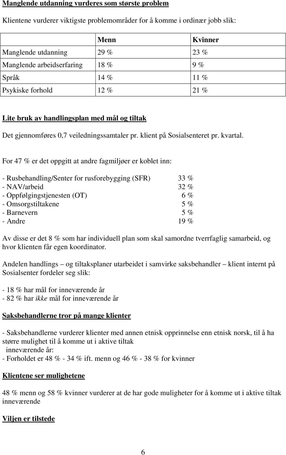 For 47 % er det oppgitt at andre fagmiljøer er koblet inn: - Rusbehandling/Senter for rusforebygging (SFR) 33 % - NAV/arbeid 32 % - Oppfølgingstjenesten (OT) 6 % - Omsorgstiltakene 5 % - Barnevern 5