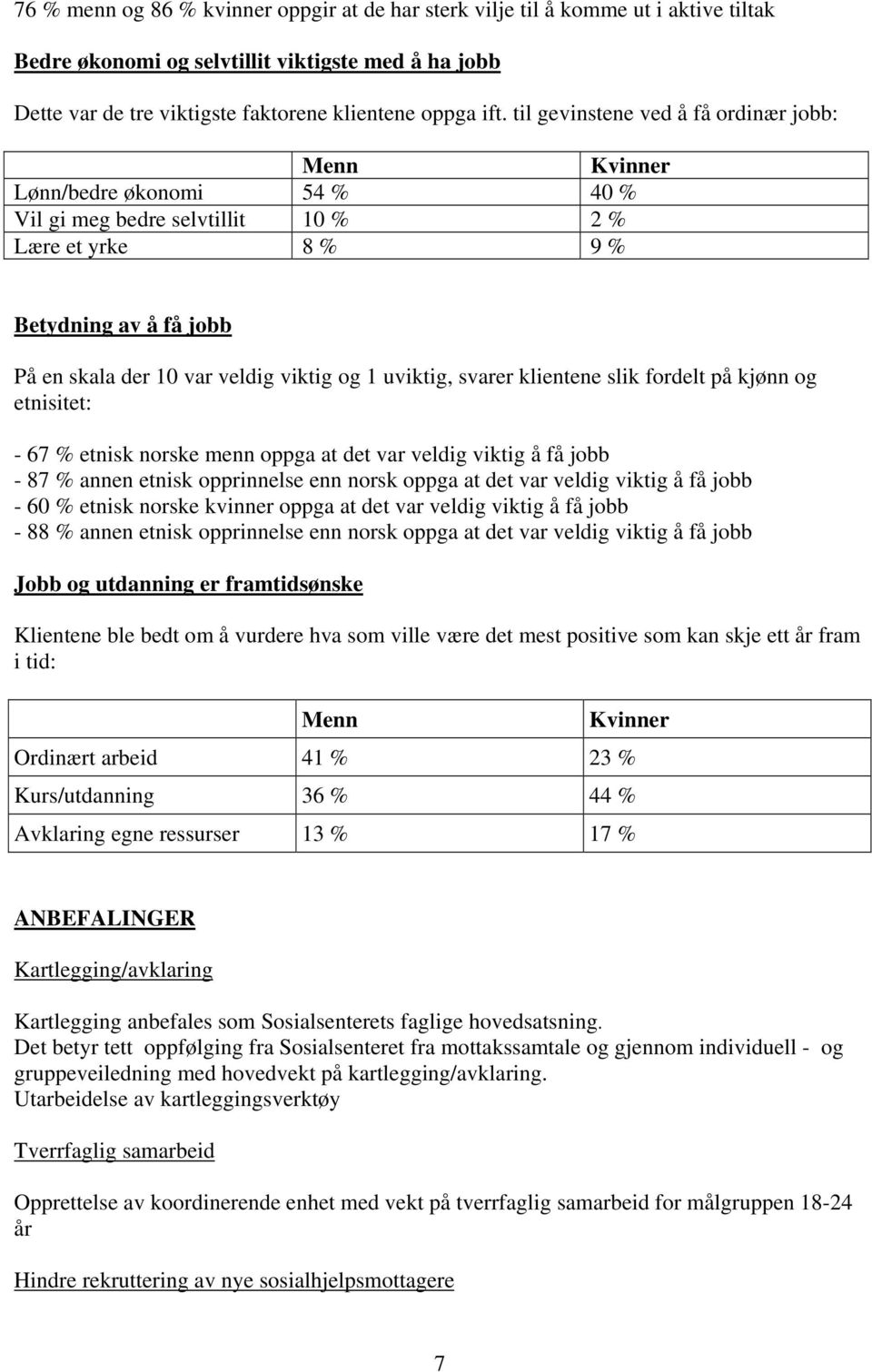 og 1 uviktig, svarer klientene slik fordelt på kjønn og etnisitet: - 67 % etnisk norske menn oppga at det var veldig viktig å få jobb - 87 % annen etnisk opprinnelse enn norsk oppga at det var veldig