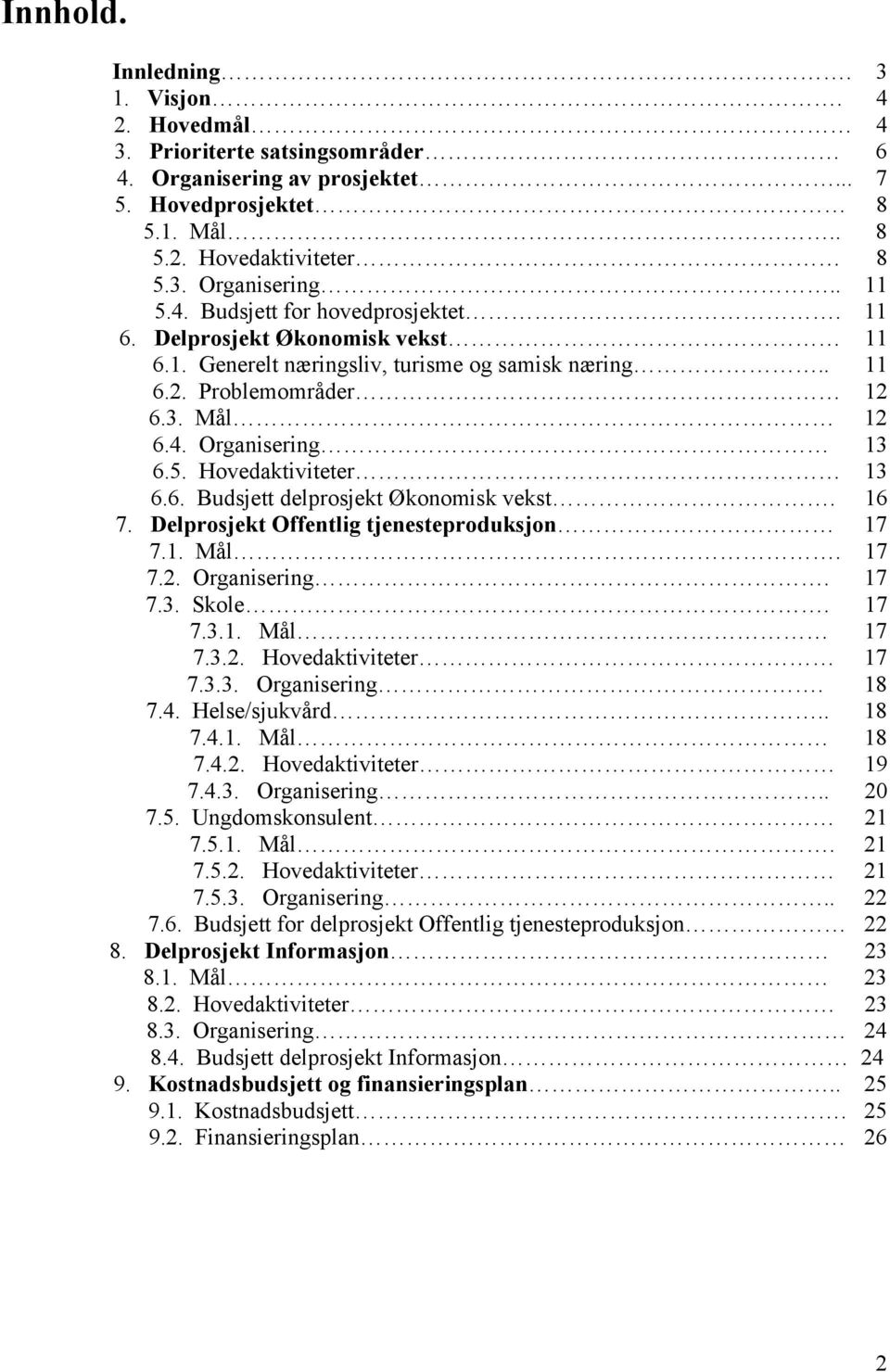 Hovedaktiviteter 13 6.6. Budsjett delprosjekt Økonomisk vekst. 16 7. Delprosjekt Offentlig tjenesteproduksjon 17 7.1. Mål. 17 7.2. Organisering. 17 7.3. Skole. 17 7.3.1. Mål 17 7.3.2. Hovedaktiviteter 17 7.