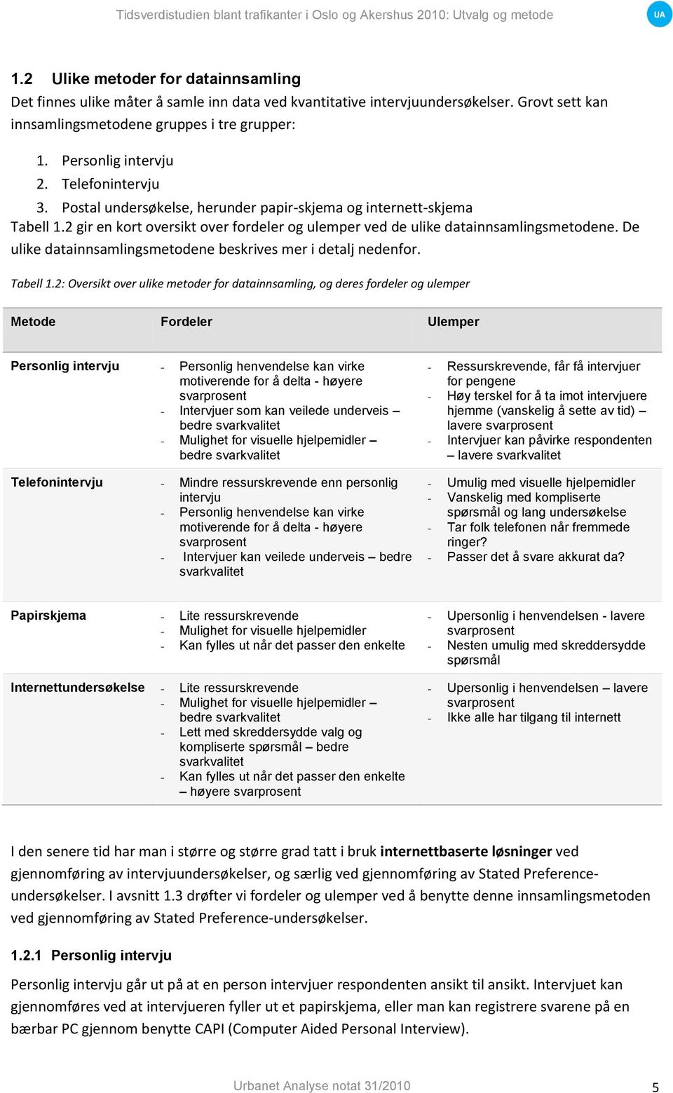 De ulike datainnsamlingsmetodene beskrives mer i detalj nedenfor. Tabell 1.