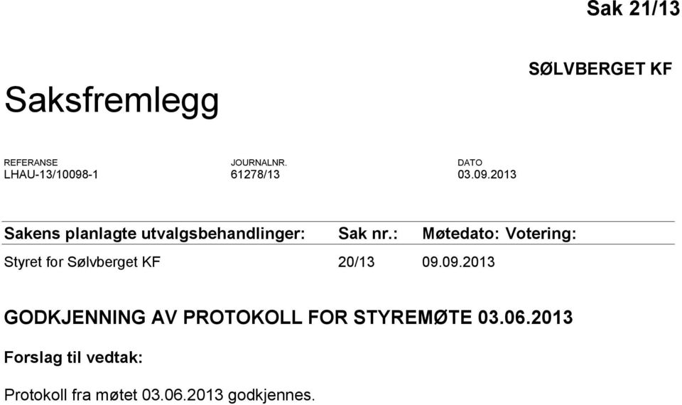 : Møtedato: Votering: Styret for Sølvberget KF 20/13 09.