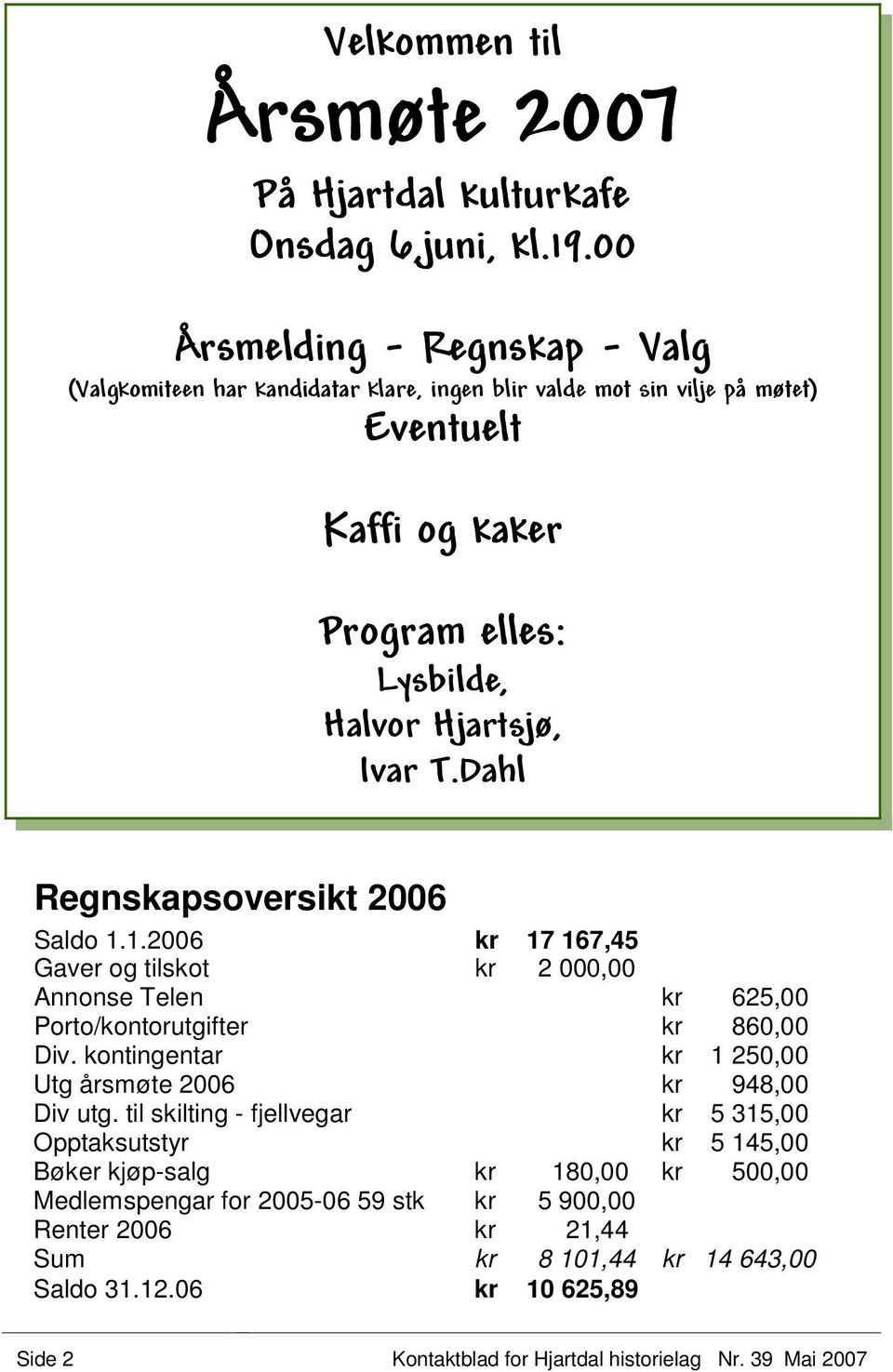 kontingentar kr 1 250,00 Utg årsmøte 2006 kr 948,00 Div utg.