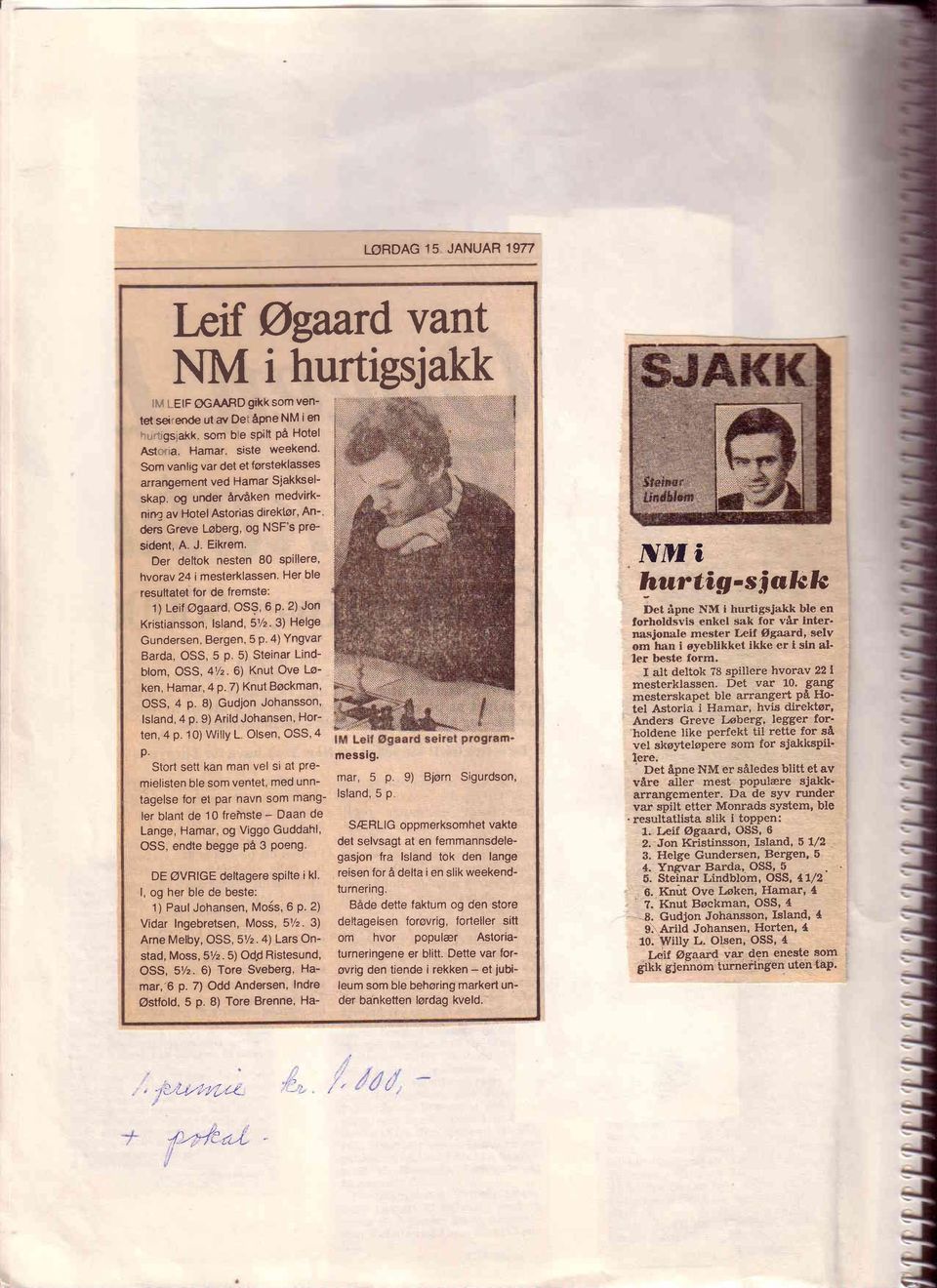 Der deltok nesten 80 spillere' hvorav 24 i mesterklassen. Her ble resultatet for de fremste: 1) Lefi Agaard, OSS, 6 P. 2) on Kristiansson, lsland, 572. 3) Helge Gundersen, Bergen, 5 P.