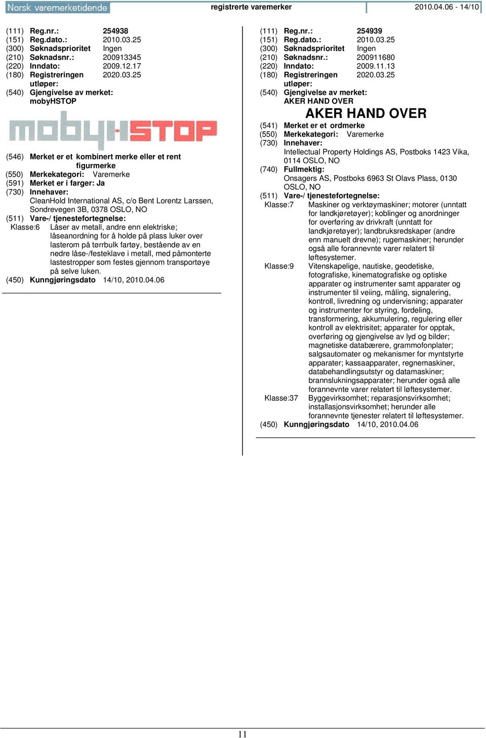 25 mobyhstop (546) Merket er et kombinert merke eller et rent figurmerke (591) Merket er i farger: Ja CleanHold International AS, c/o Bent Lorentz Larssen, Sondrevegen 3B, 0378 OSLO, NO Klasse:6