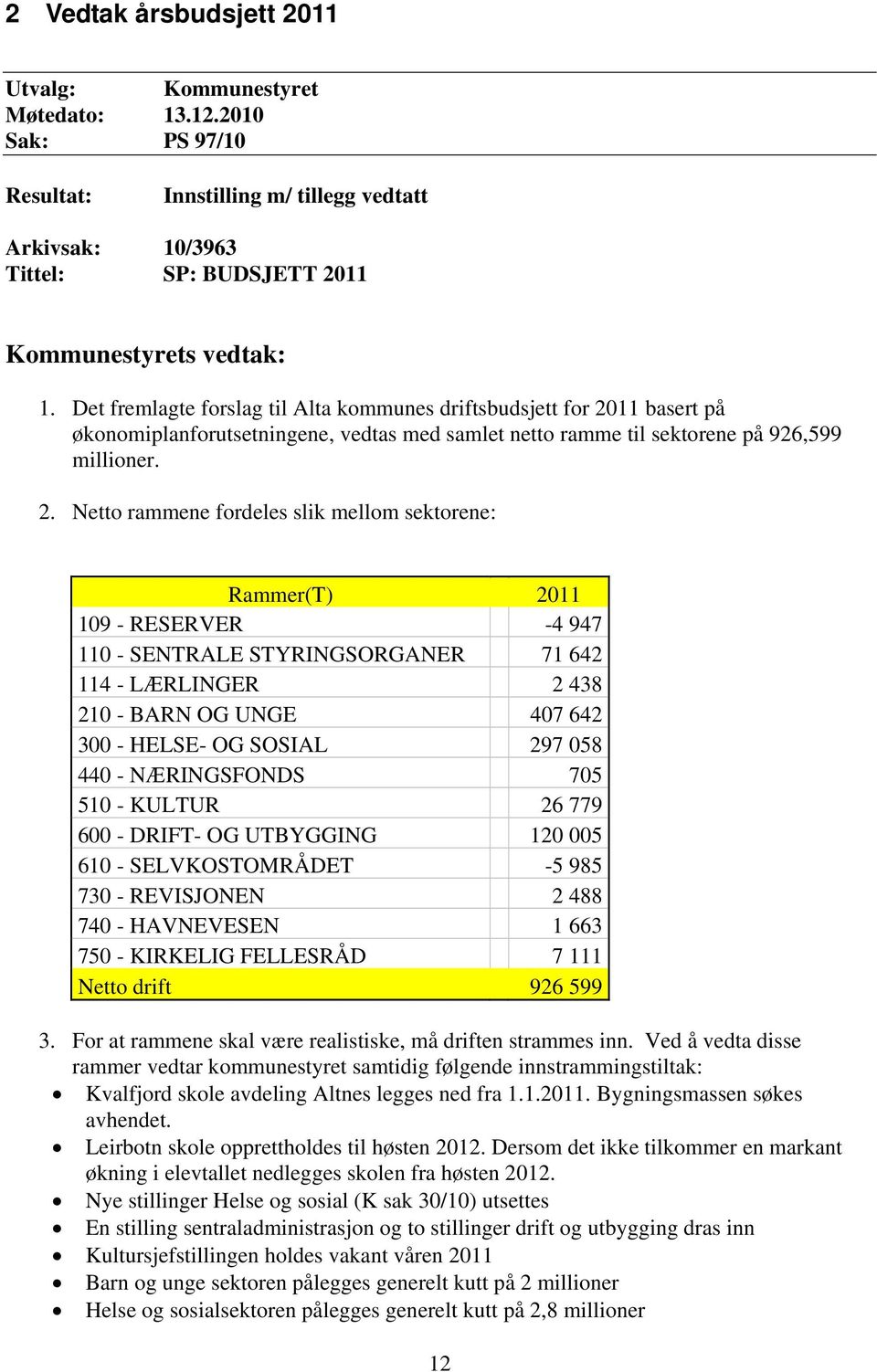 11 basert på økonomiplanforutsetningene, vedtas med samlet netto ramme til sektorene på 926,599 millioner. 2.