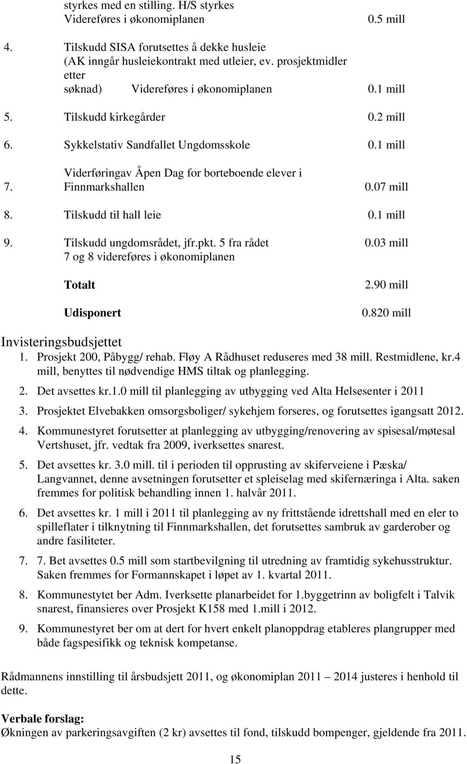 Viderføringav Åpen Dag for borteboende elever i Finnmarkshallen 0.07 mill 8. Tilskudd til hall leie 0.1 mill 9. Tilskudd ungdomsrådet, jfr.pkt. 5 fra rådet 0.