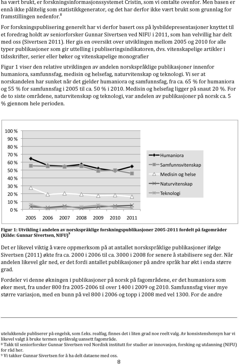 8 For forskningspublisering generelt har vi derfor basert oss på lysbildepresentasjoner knyttet til et foredrag holdt av seniorforsker Gunnar Sivertsen ved NIFU i 2011, som han velvillig har delt med