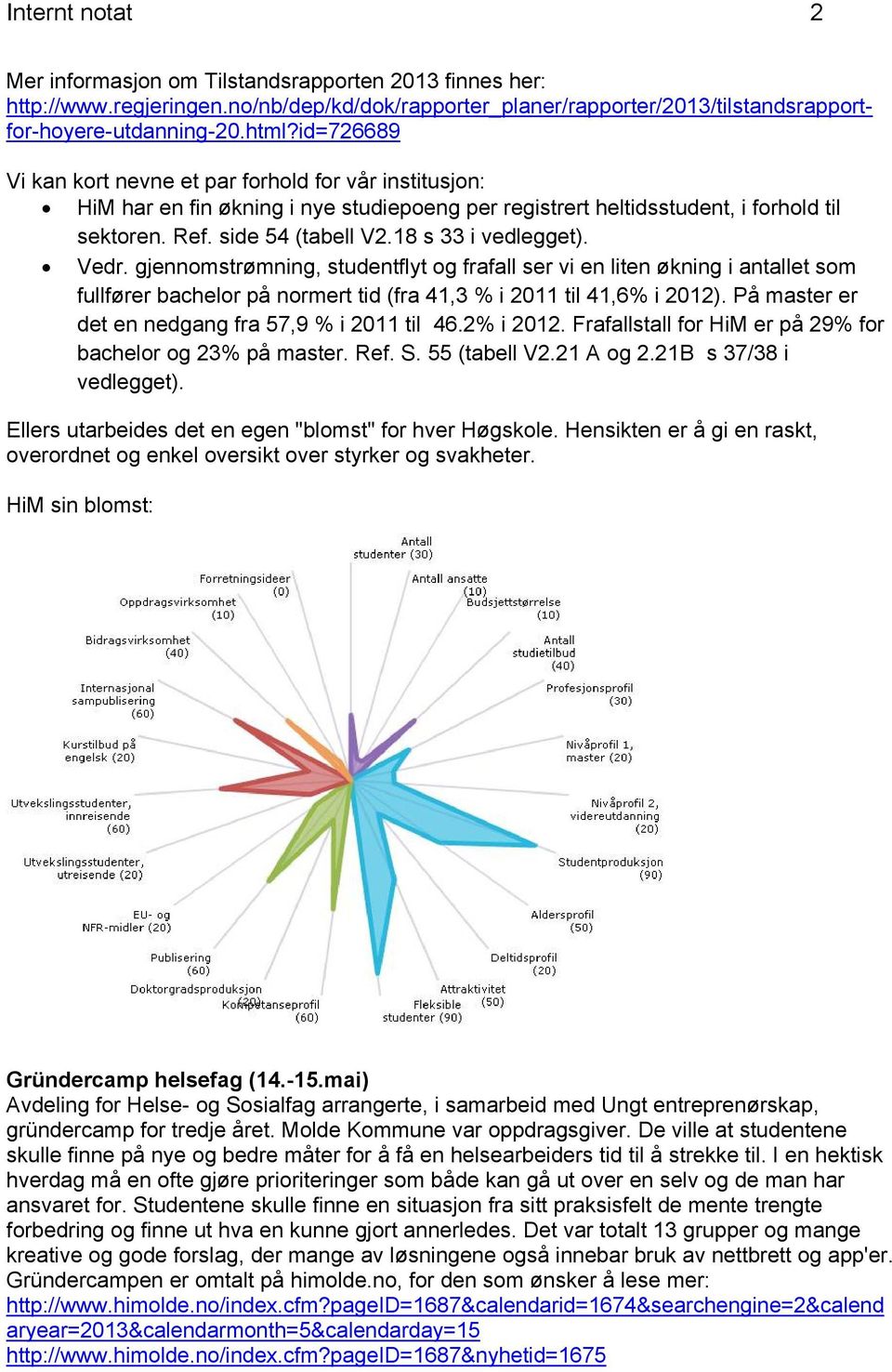 18 s 33 i vedlegget). Vedr. gjennomstrømning, studentflyt og frafall ser vi en liten økning i antallet som fullfører bachelor på normert tid (fra 41,3 % i 2011 til 41,6% i 2012).