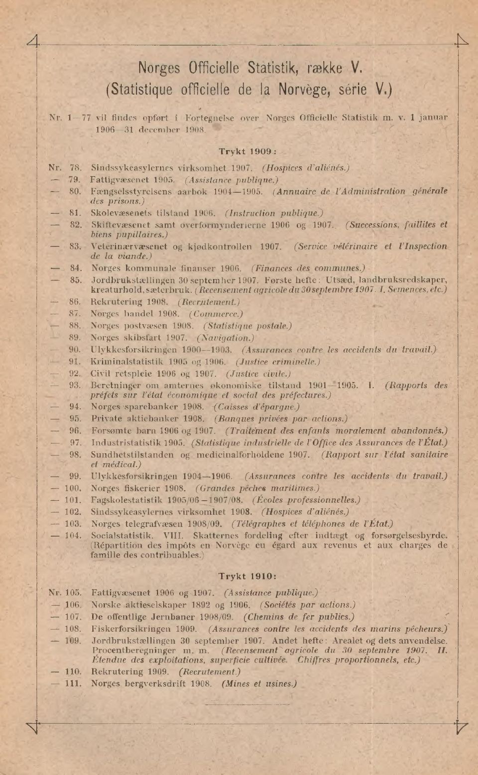 (Annuaire de l'administration générale des prisons) 81. Skolevæsenets tilstand 1906. (Instruction publique) 82. Skiftevæsenet samt overformynderierne 1906 og 1907.