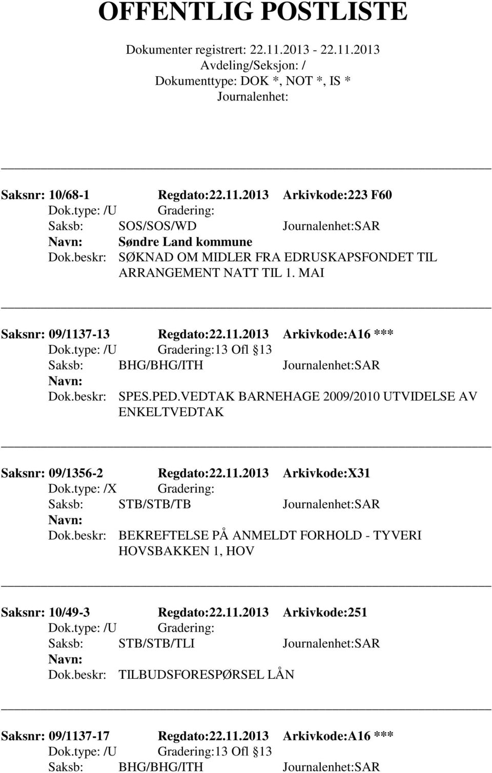 VEDTAK BARNEHAGE 2009/2010 UTVIDELSE AV ENKELTVEDTAK Saksnr: 09/1356-2 Regdato:22.11.2013 Arkivkode:X31 Dok.type: /X Gradering: Saksb: STB/STB/TB SAR Dok.