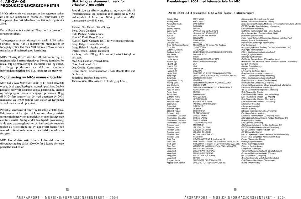 080 verker i arkivet, herav 7.150 i manuskript, mens resten er forlagsutgivelser. Det ble i 2004 tatt inn 199 nye verker i manuskript til registrering og formidling.