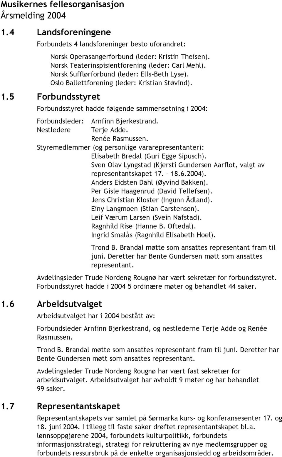 5 Forbundsstyret Forbundsstyret hadde følgende sammensetning i 2004: Forbundsleder: Arnfinn Bjerkestrand. Nestledere Terje Adde. Renée Rasmussen.