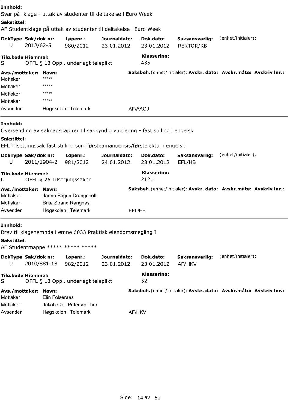 : AF/AAGJ Oversending av søknadspapirer til sakkyndig vurdering - fast stilling i engelsk EFL Tilsettingssak fast stilling som førsteamanuensis/førstelektor i engelsk 2011/1904-2 981/2012 Mottaker