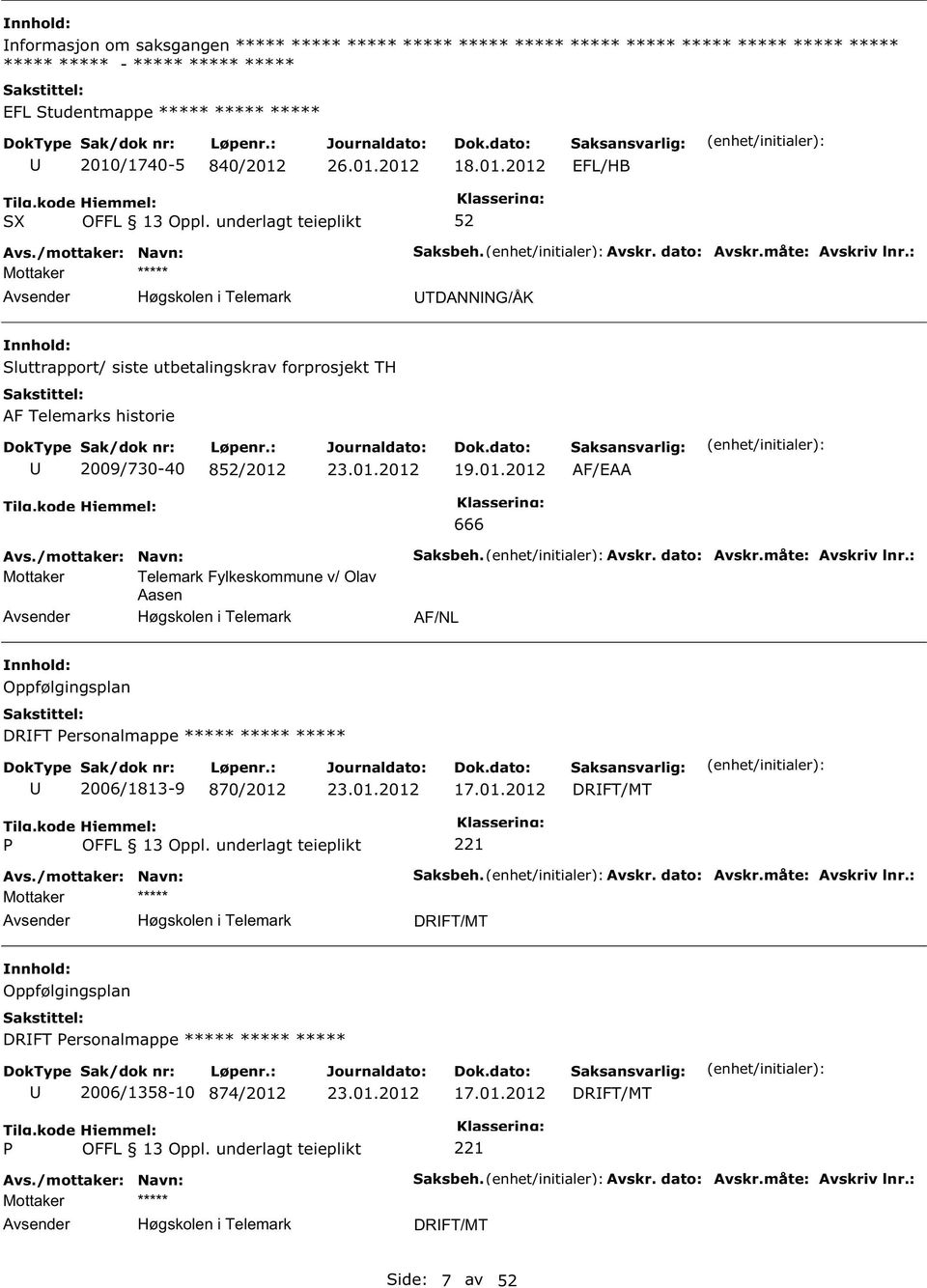 : TDANNNG/ÅK luttrapport/ siste utbetalingskrav forprosjekt TH AF Telemarks historie 2009/730-40 8/2012 19.01.2012 AF/EAA 666 Mottaker Telemark Fylkeskommune v/ Olav Aasen aksbeh. Avskr. dato: Avskr.