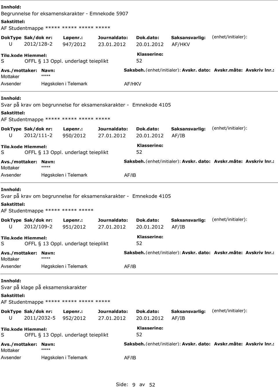 dato: Avskr.måte: Avskriv lnr.: AF/B var på krav om begrunnelse for eksamenskarakter - Emnekode 4105 AF tudentmappe ***** ***** ***** 2012/109-2 951/2012 20.01.2012 AF/B Høgskolen i Telemark aksbeh.