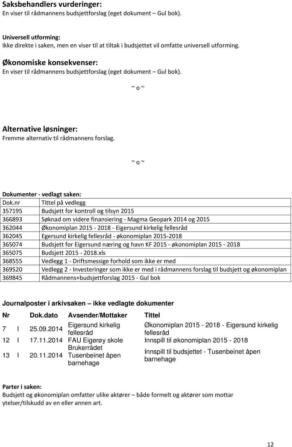 Økonomiske konsekvenser: En viser til rådmannens budsjettforslag (eget dokument Gul bok). ~ o ~ Alternative løsninger: Fremme alternativ til rådmannens forslag. ~ o ~ Dokumenter - vedlagt saken: Dok.