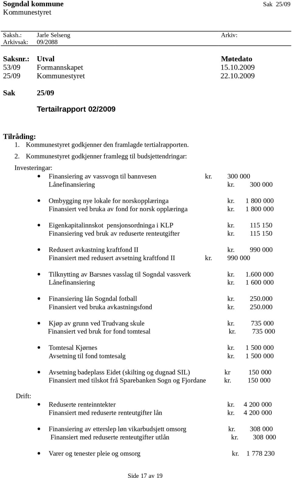 300 000 Lånefinansiering kr. 300 000 Ombygging nye lokale for norskopplæringa kr. 1 800 000 Finansiert ved bruka av fond for norsk opplæringa kr.