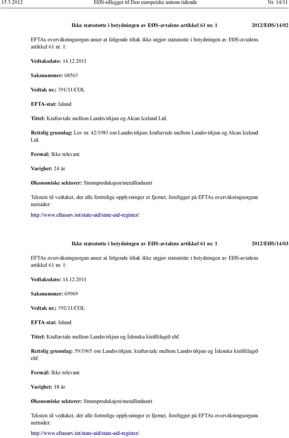: 391/11/COL EFTA-stat: Island Tittel: Kraftavtale mellom Landsvirkjun og Alcan Iceland Ltd. Rettslig grunnlag: Lov nr. 42/1983 om Landsvirkjun; kraftavtale mellom Landsvirkjun og Alcan Iceland Ltd.