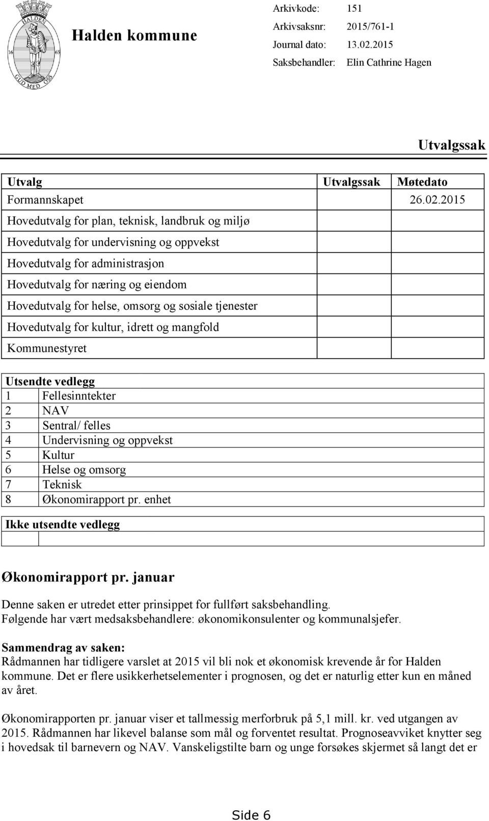 2015 Hovedutvalg for plan, teknisk, landbruk og miljø Hovedutvalg for undervisning og oppvekst Hovedutvalg for administrasjon Hovedutvalg for næring og eiendom Hovedutvalg for helse, omsorg og