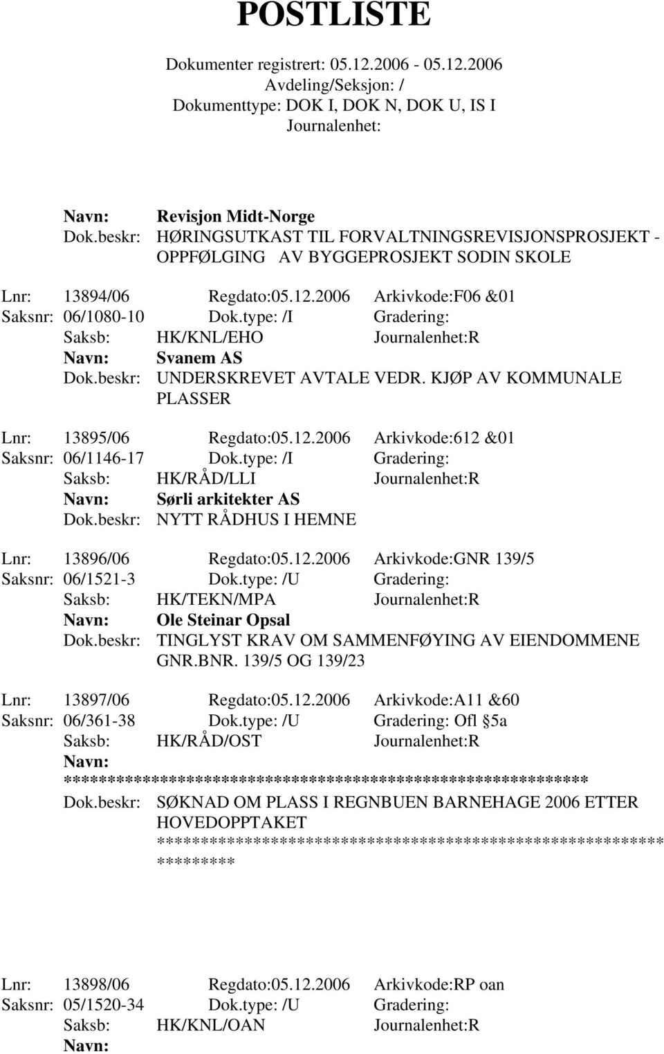 type: /I Gradering: Saksb: HK/RÅD/LLI R Sørli arkitekter AS Dok.beskr: NYTT RÅDHUS I HEMNE Lnr: 13896/06 Regdato:05.12.2006 Arkivkode:GNR 139/5 Saksnr: 06/1521-3 Dok.