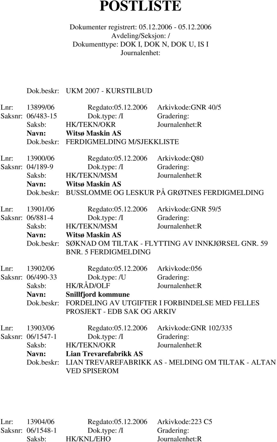 beskr: BUSSLOMME OG LESKUR PÅ GRØTNES FERDIGMELDING Lnr: 13901/06 Regdato:05.12.2006 Arkivkode:GNR 59/5 Saksnr: 06/881-4 Dok.type: /I Gradering: Saksb: HK/TEKN/MSM R Witsø Maskin AS Dok.