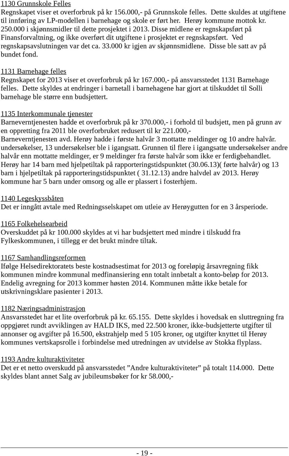 Ved regnskapsavslutningen var det ca. 33.000 kr igjen av skjønnsmidlene. Disse ble satt av på bundet fond. 1131 Barnehage felles Regnskapet for 2013 viser et overforbruk på kr 167.