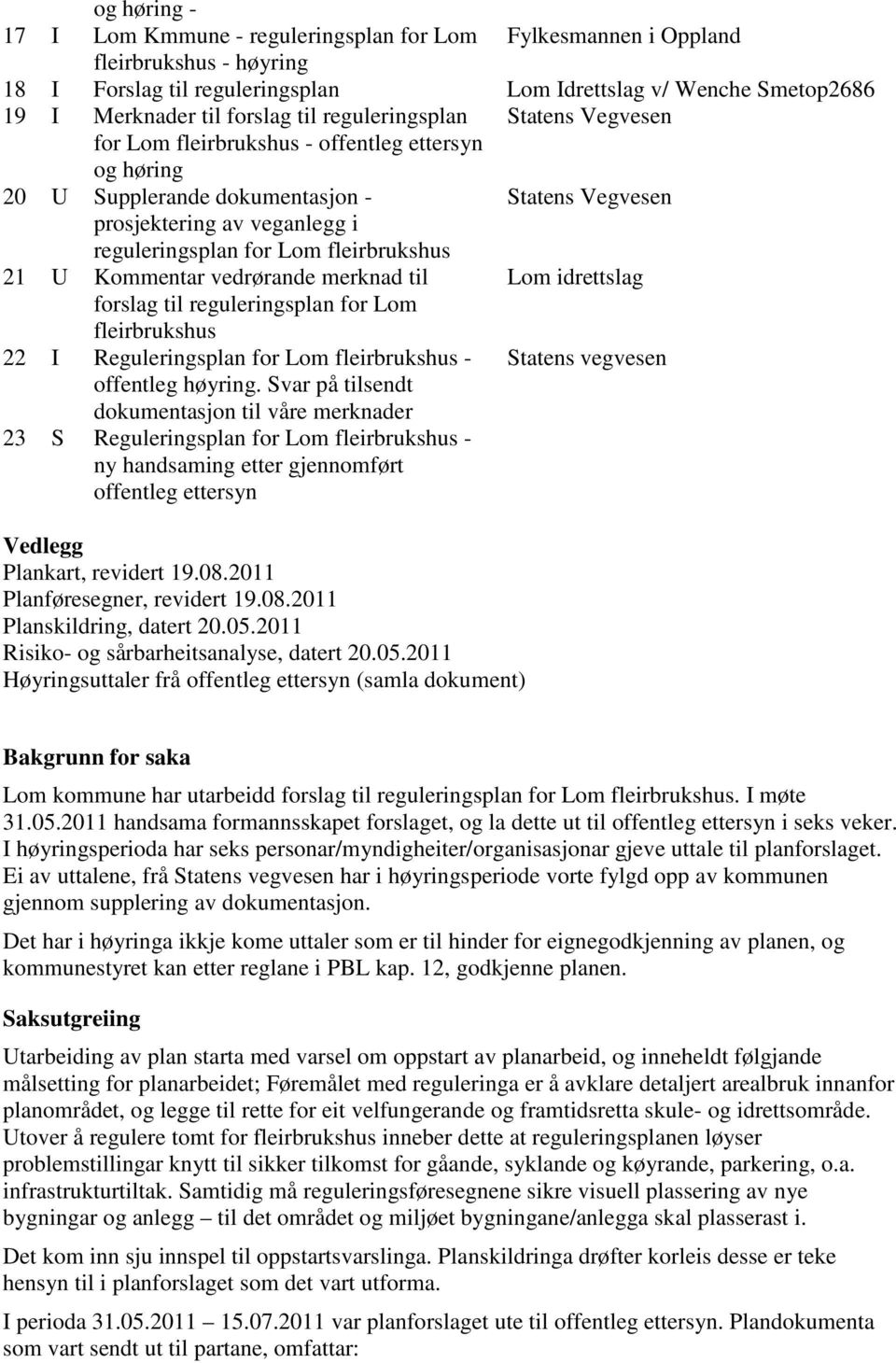 fleirbrukshus 21 U Kommentar vedrørande merknad til Lom idrettslag forslag til reguleringsplan for Lom fleirbrukshus 22 I Reguleringsplan for Lom fleirbrukshus - Statens vegvesen offentleg høyring.