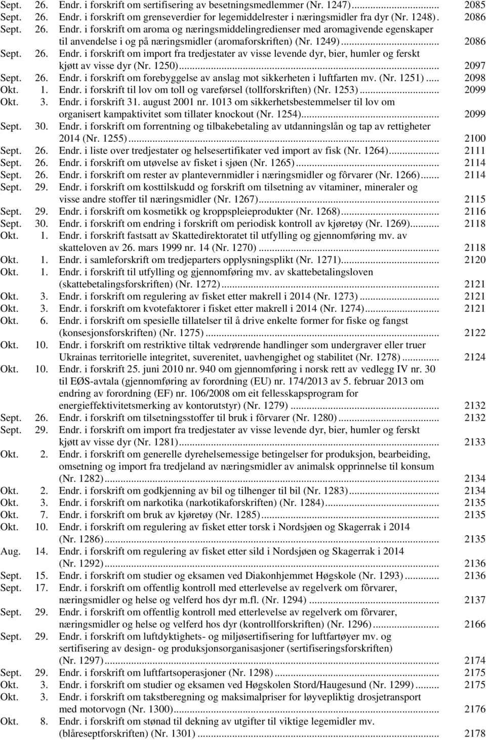 1250)... 2097 Sept. 26. Endr. i forskrift om forebyggelse av anslag mot sikkerheten i luftfarten mv. (Nr. 1251)... 2098 Okt. 1. Endr. i forskrift til lov om toll og vareførsel (tollforskriften) (Nr.