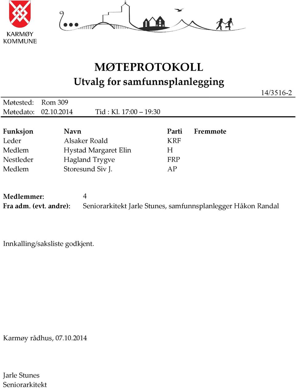 Nestleder Hagland Trygve FRP Medlem Storesund Siv J. AP Medlemmer: 4 Fra adm. (evt.