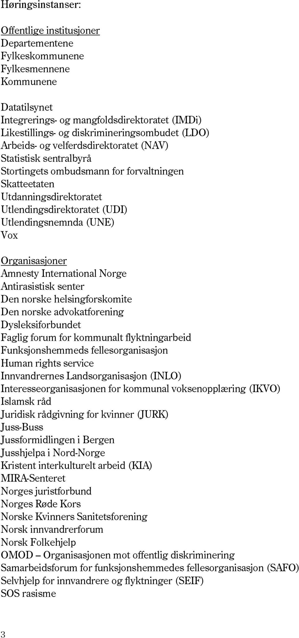 Vox Organisasjoner Amnesty International Norge Antirasistisk senter Den norske helsingforskomite Den norske advokatforening Dysleksiforbundet Faglig forum for kommunalt flyktningarbeid