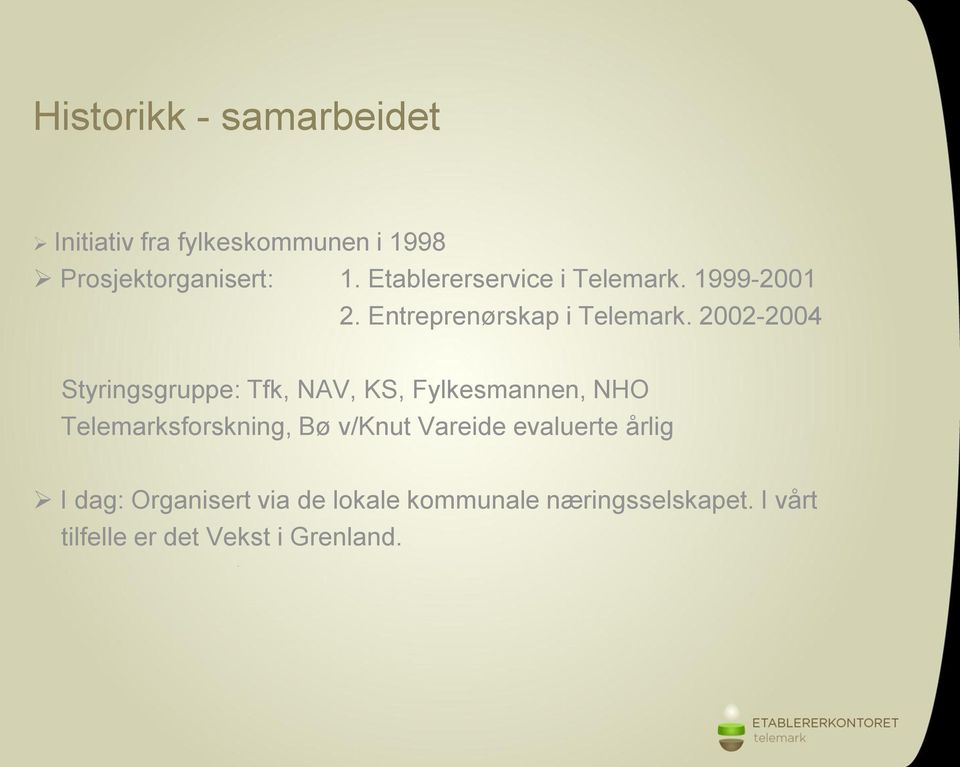 2002-2004 Styringsgruppe: Tfk, NAV, KS, Fylkesmannen, NHO Telemarksforskning, Bø v/knut