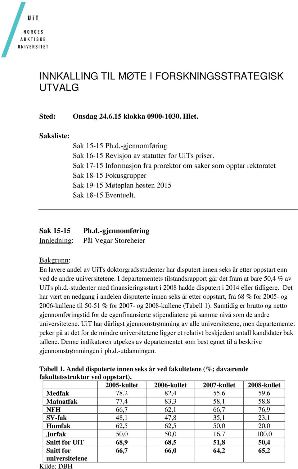 ing: Ph.d.-gjennomføring Pål Vegar Storeheier Bakgrunn: En lavere andel av UiTs doktorgradsstudenter har disputert innen seks år etter oppstart enn ved de andre universitetene.