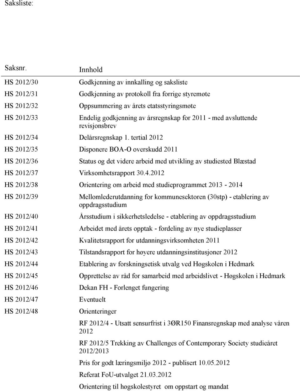 av årsregnskap for 2011 - med avsluttende revisjonsbrev HS 2012/34 Delårsregnskap 1.