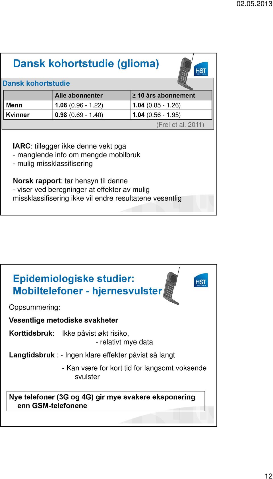 missklassifisering ikke vil endre resultatene vesentlig Epidemiologiske studier: Mobiltelefoner - hjernesvulster Oppsummering: Vesentlige metodiske svakheter Korttidsbruk: Ikke påvist økt