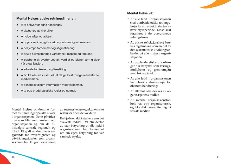 Å arbeide for likeverd og likestilling. Å bruke alle ressurser slik at de gir best mulige resultater for medlemmene. Å behandle følsom informasjon med varsomhet.