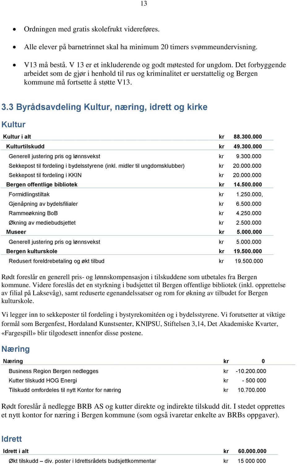 3 Byrådsavdeling Kultur, næring, idrett og kirke Kultur Kultur i alt kr 88.300.000 Kulturtilskudd kr 49.300.000 Generell justering pris og lønnsvekst kr 9.300.000 Sekkepost til fordeling i bydelsstyrene (inkl.