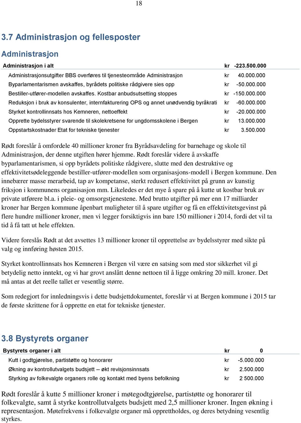 000.000 Opprette bydelsstyrer svarende til skolekretsene for ungdomsskolene i Bergen kr 13.000.000 Oppstartskostnader Etat for tekniske tjenester kr 3.500.