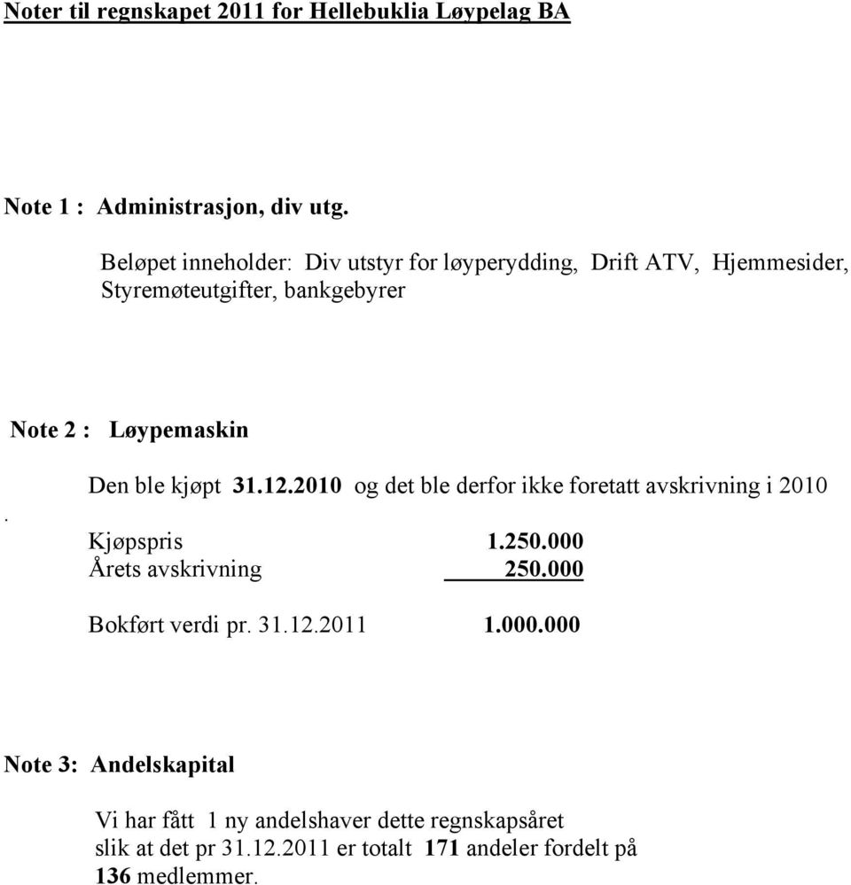 Den ble kjøpt 31.12.2010 og det ble derfor ikke foretatt avskrivning i 2010 Kjøpspris 1.250.000 Årets avskrivning 250.