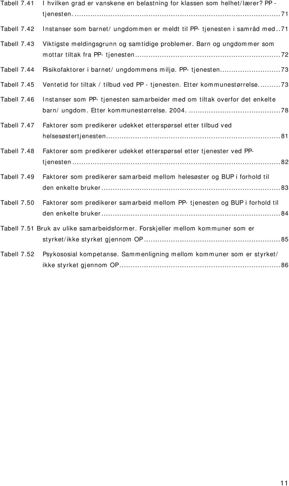 Etter kommunestørrelse...73 Tabell 7.46 Instanser som PP- tjenesten samarbeider med om tiltak overfor det enkelte barn/ ungdom. Etter kommunestørrelse. 2004....78 Tabell 7.